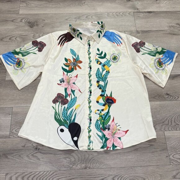 Summer Vibe 2 Piece Set Size 3XL Satin Chic Art Short Sleeve Shirt Wide Leg Pant - Picture 6 of 16